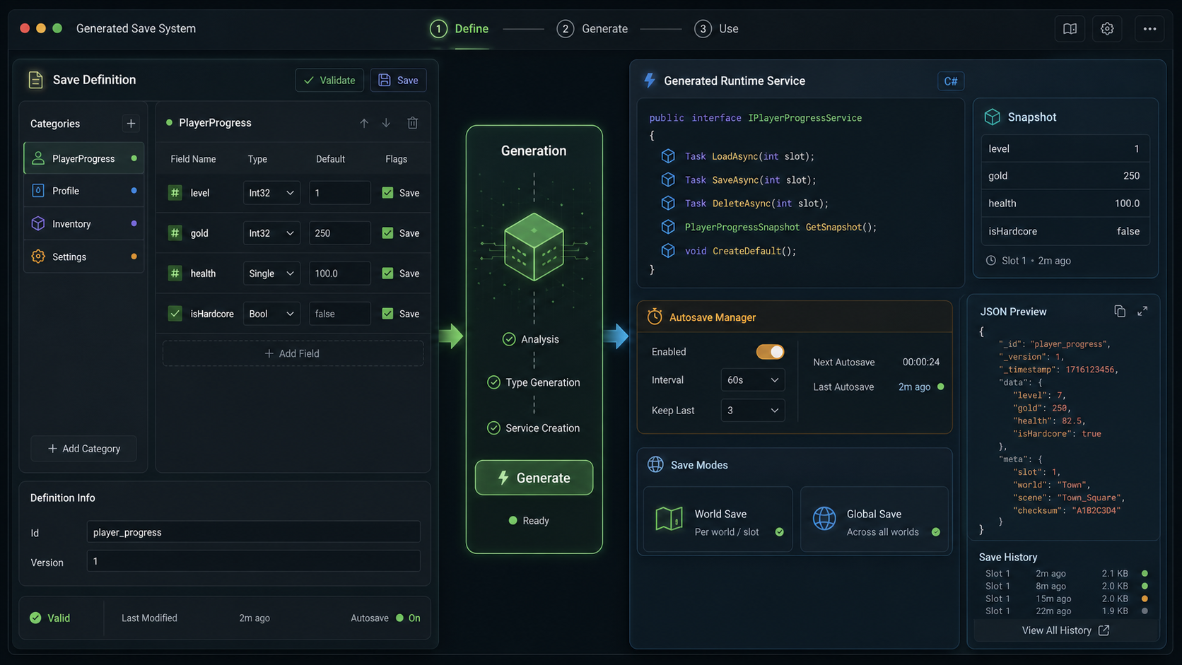 Conceptual Generated Save System mockup with save definition fields, generation step, typed runtime service, snapshot data, autosave, and JSON preview