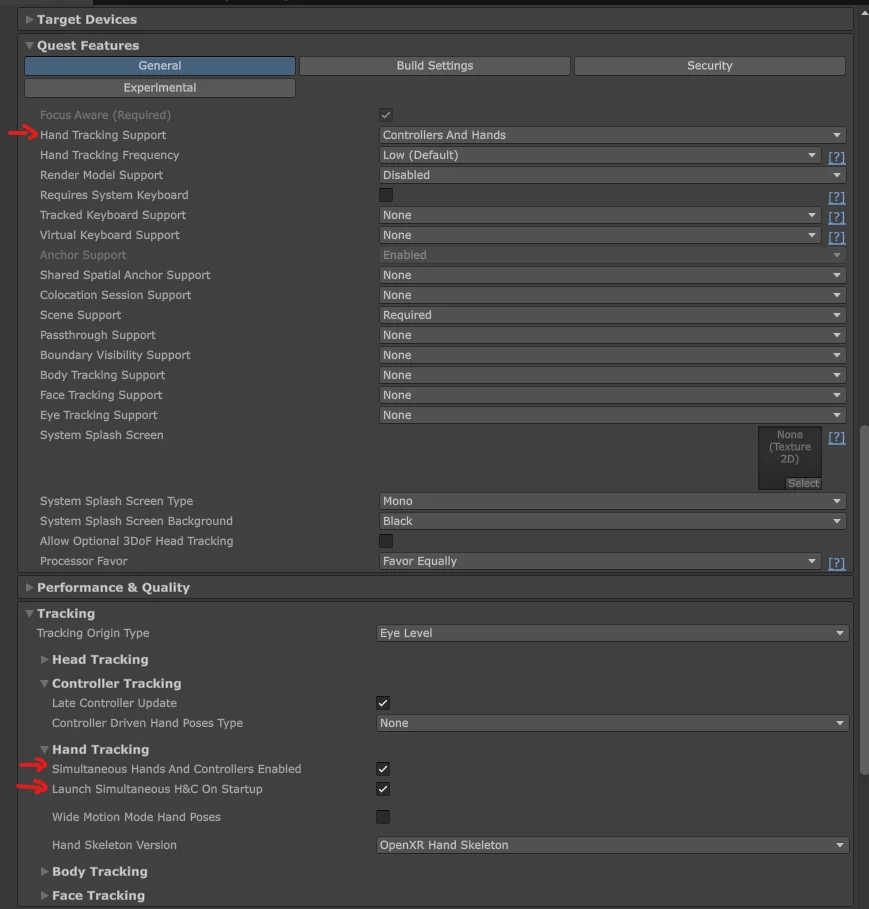 Meta XR hand tracking settings for simultaneous hands and controllers